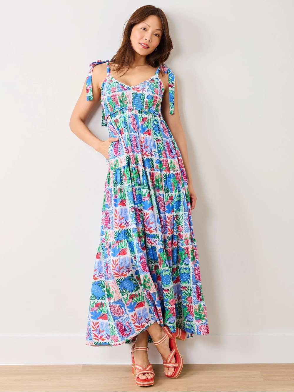 Printfresh Under the Sea Organic Cotton Smocked Tiered Maxi Dress Tie Strap M